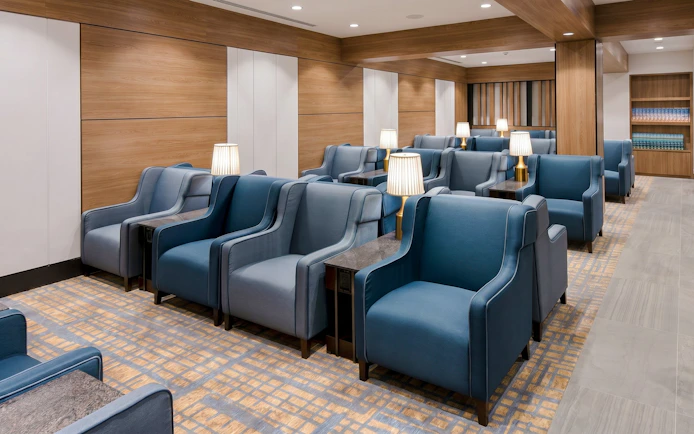 Seating area in Plaza Premium Lounge, Terminal 3, Toronto Pearson Airport.