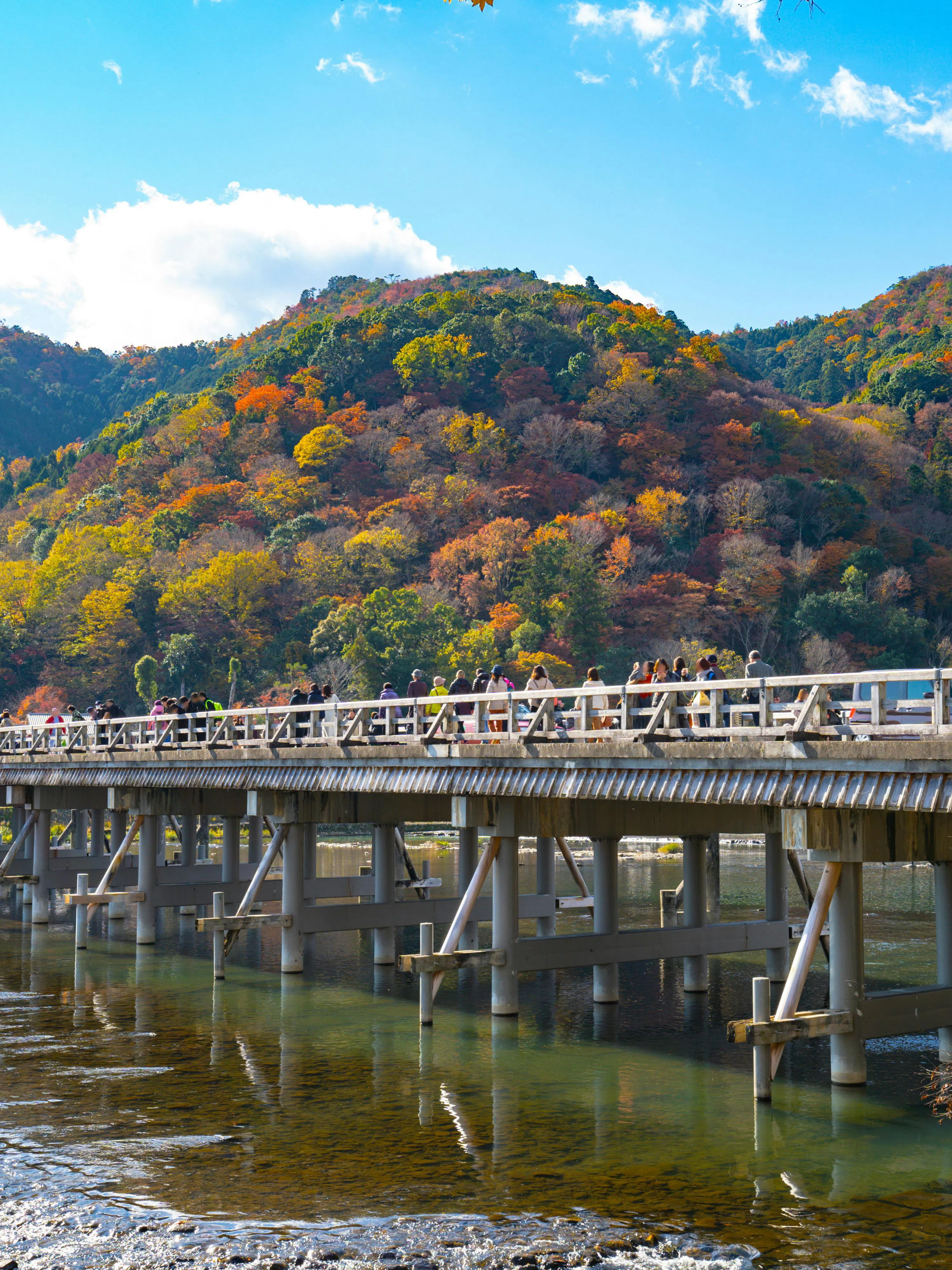 Togetsukyo Bridge with autumn foliage in Arashiyama, Kyoto.