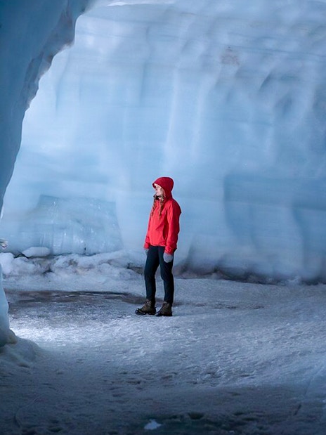 Guest exploring Langjokull ice tunnel in Iceland.