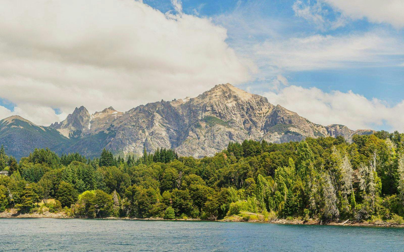 Panoramic view of Patagonia's mountains and forests from Victoria Island in Nahuel Huapi National Park.