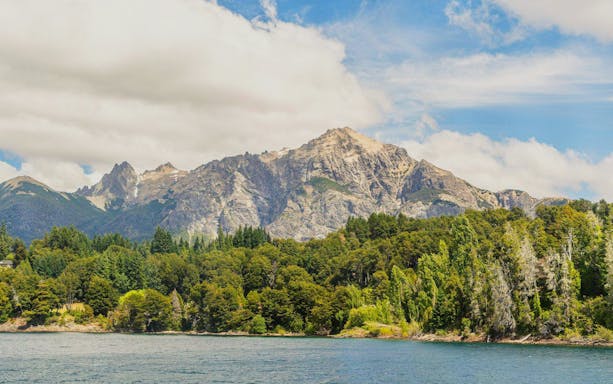 Panoramic view of Patagonia's mountains and forests from Victoria Island in Nahuel Huapi National Park.