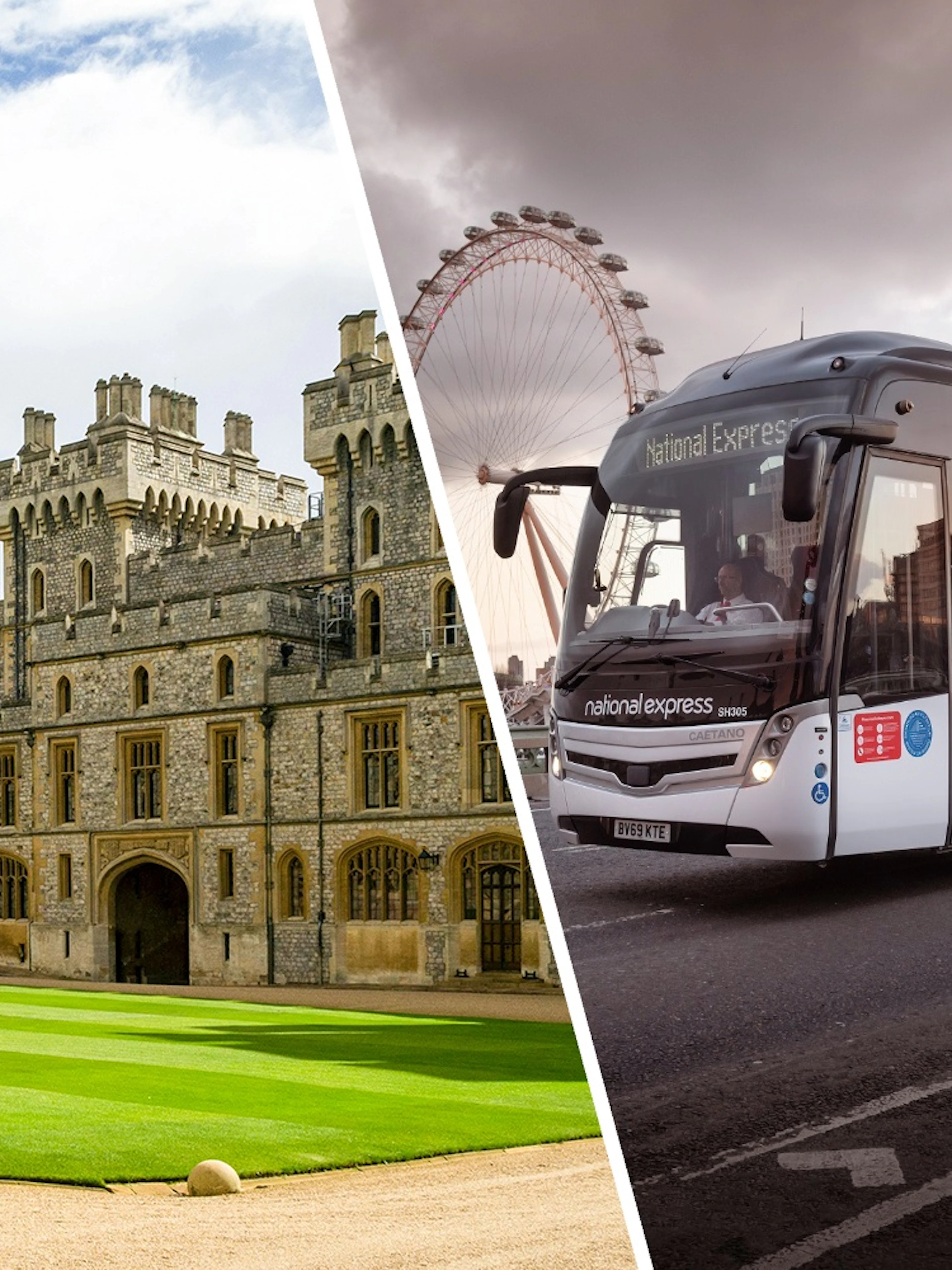 National Express bus near London Eye and historic building, one-way transfer from Victoria Station.