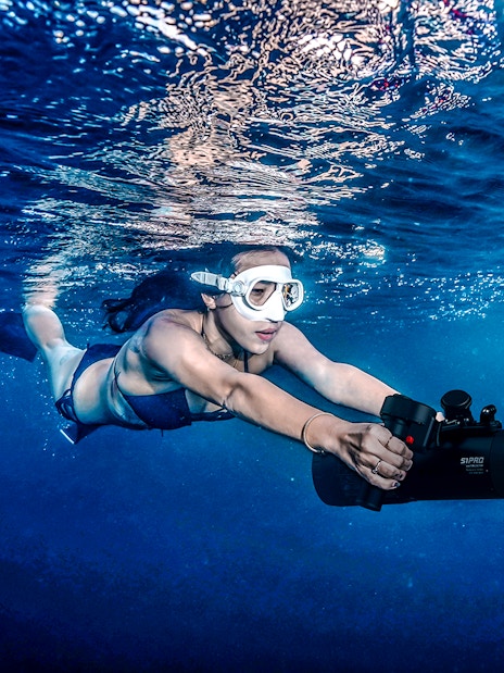 Person using an underwater scooter in Saint-Jean-Cap-Ferrat, Nice, France.