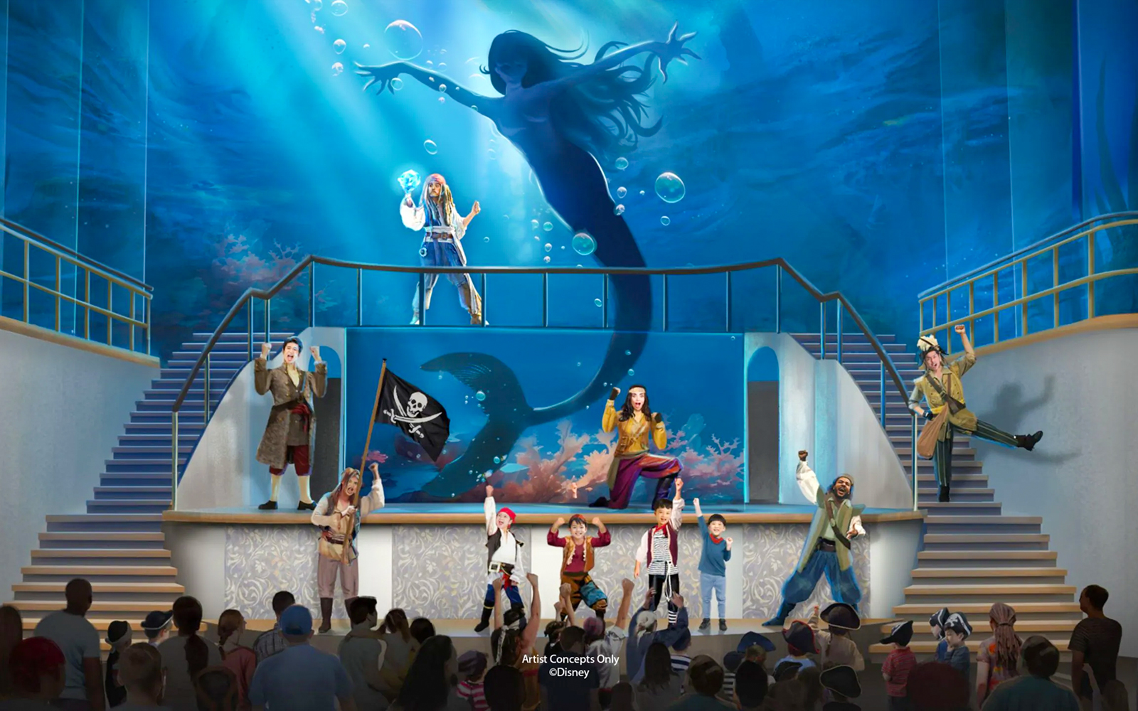 Pirate show on Disney Adventure Cruise with performers in pirate costumes on stage.