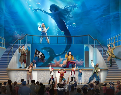 Pirate show on Disney Adventure Cruise with performers in pirate costumes on stage.