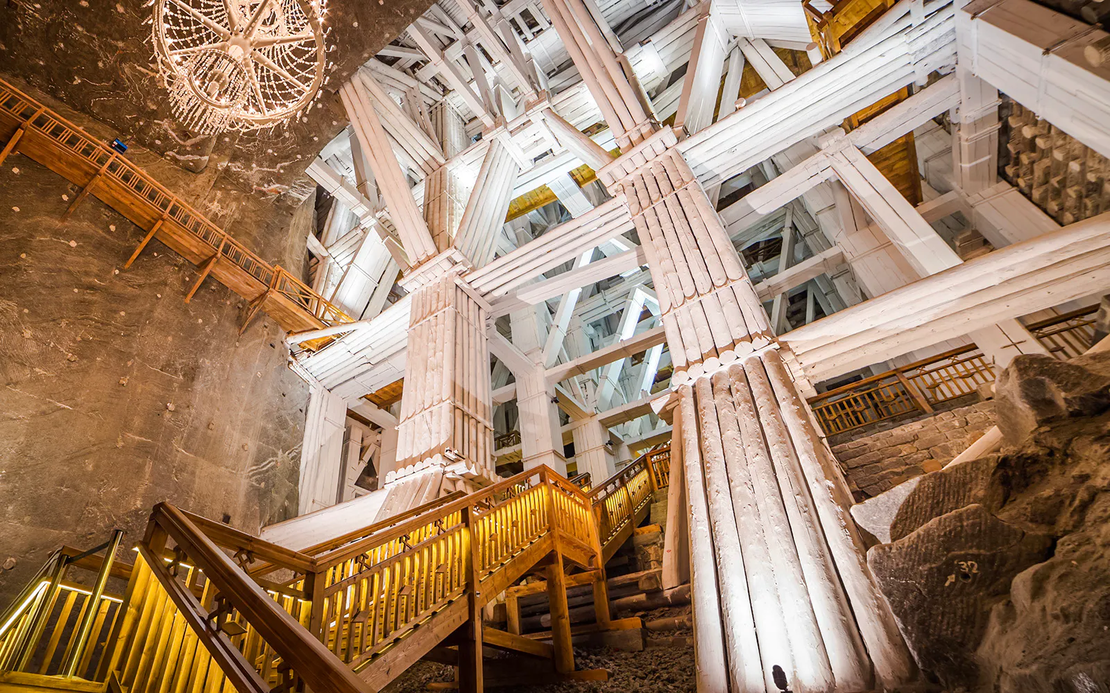 Wooden beams and staircase inside Wieliczka Salt Mine, Poland.