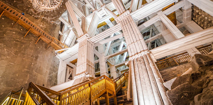 Wooden beams and staircase inside Wieliczka Salt Mine, Poland.