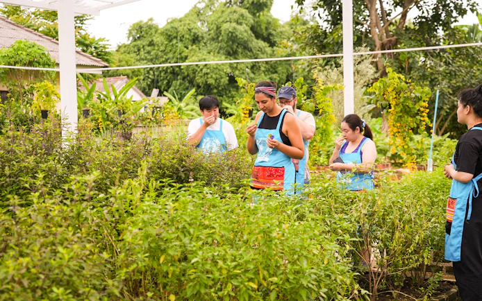Participants exploring herbs in the organic garden during Thai cooking class at Mama Noi.