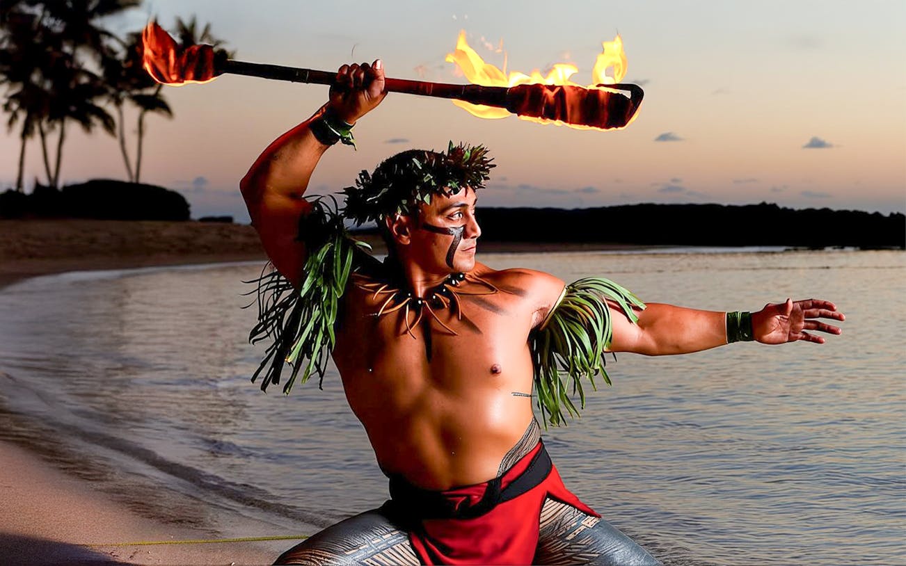 Fire dancer performing at sunset on the beach at Paradise Cove Luau, Hawaii.