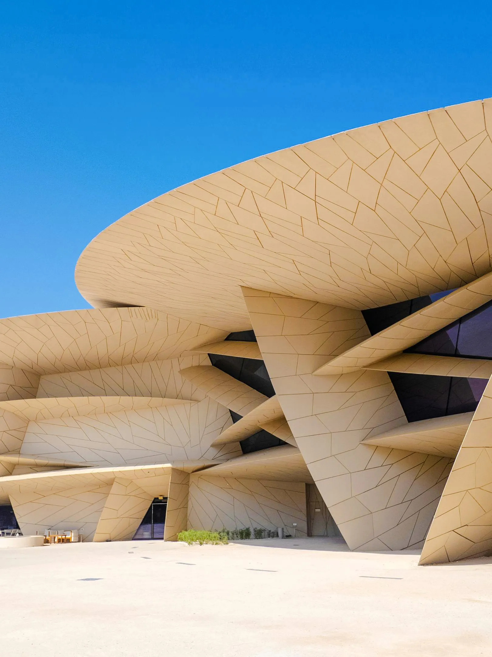 National Museum of Qatar's unique architecture in Doha's outdoor courtyard.