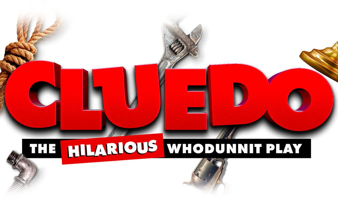 Cluedo show poster with red text and mystery-themed objects.