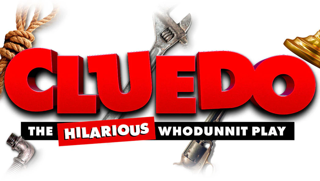 Cluedo show poster with red text and mystery-themed objects.