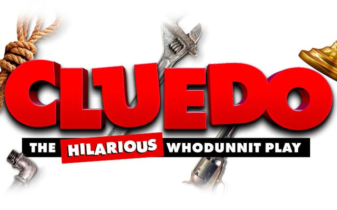 Cluedo show poster with red text and mystery-themed objects.