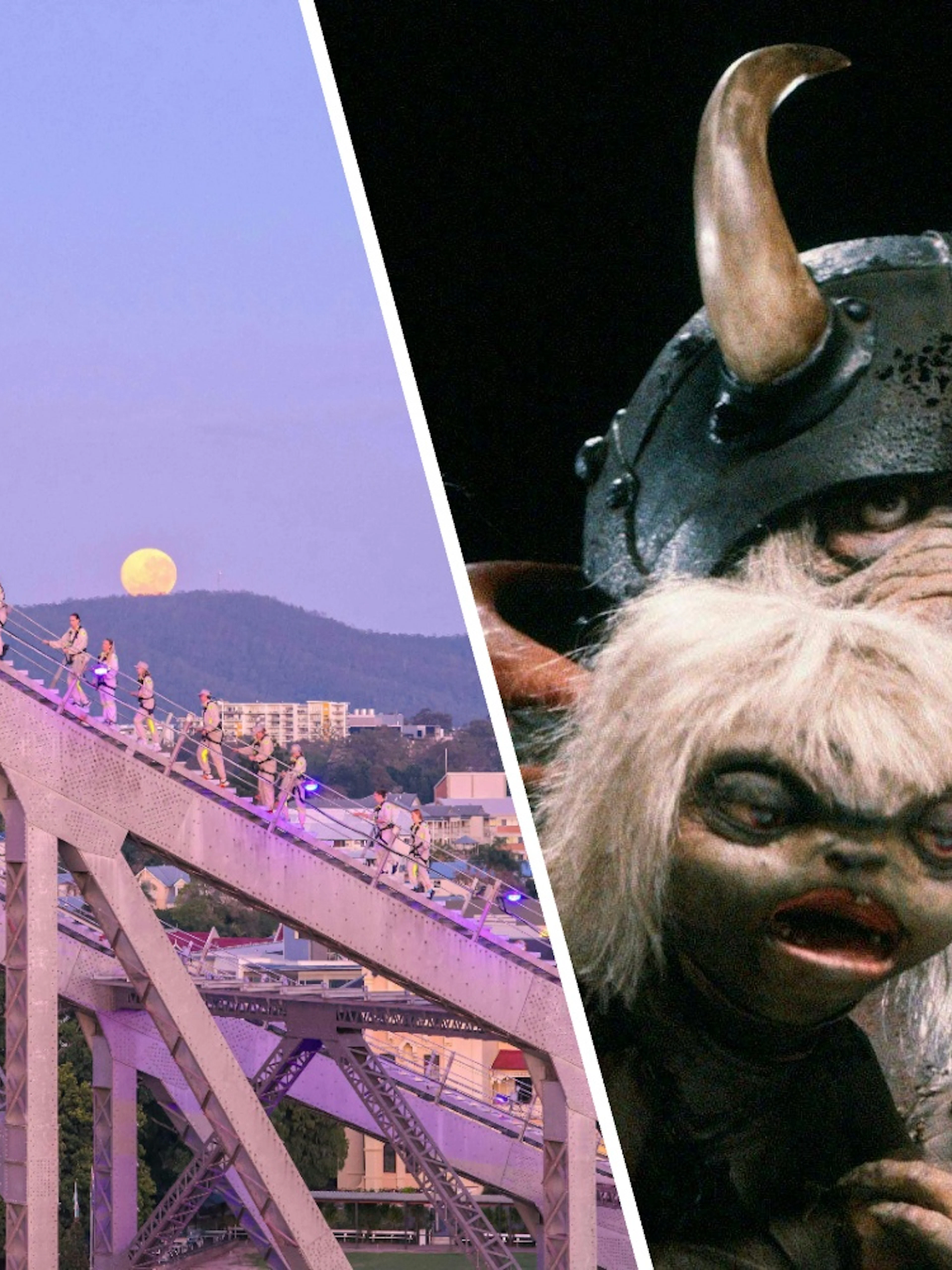 Climbers on Story Bridge at sunset; Jim Henson's fantasy creatures in the foreground.