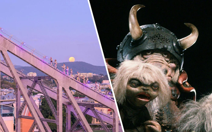 Climbers on Story Bridge at sunset; Jim Henson's fantasy creatures in the foreground.