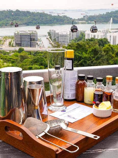 Cocktail ingredients and tools on a table with Singapore cable car view at Mirabilis bar.