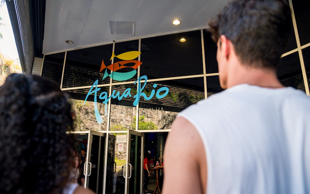 Tourists entering AquaRio museum in Rio de Janeiro.