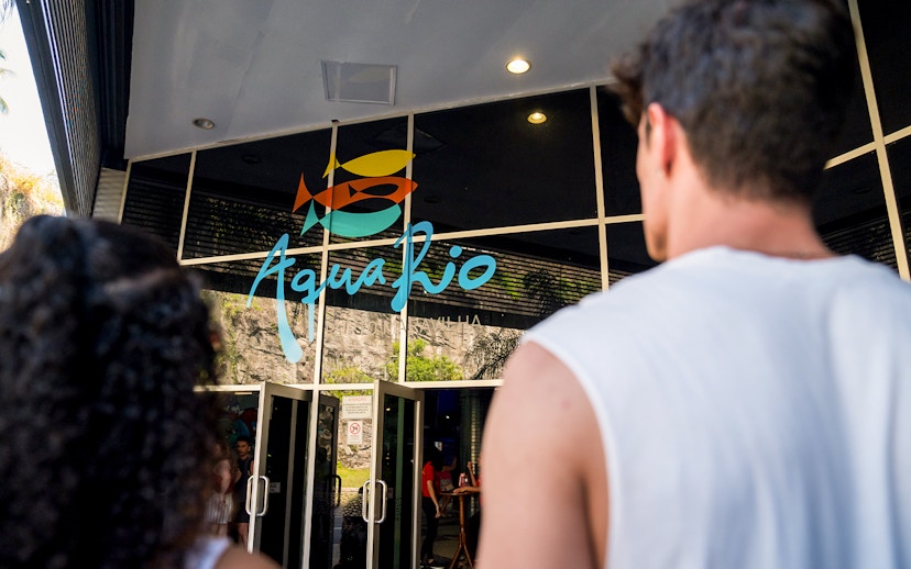 Tourists entering AquaRio museum in Rio de Janeiro.