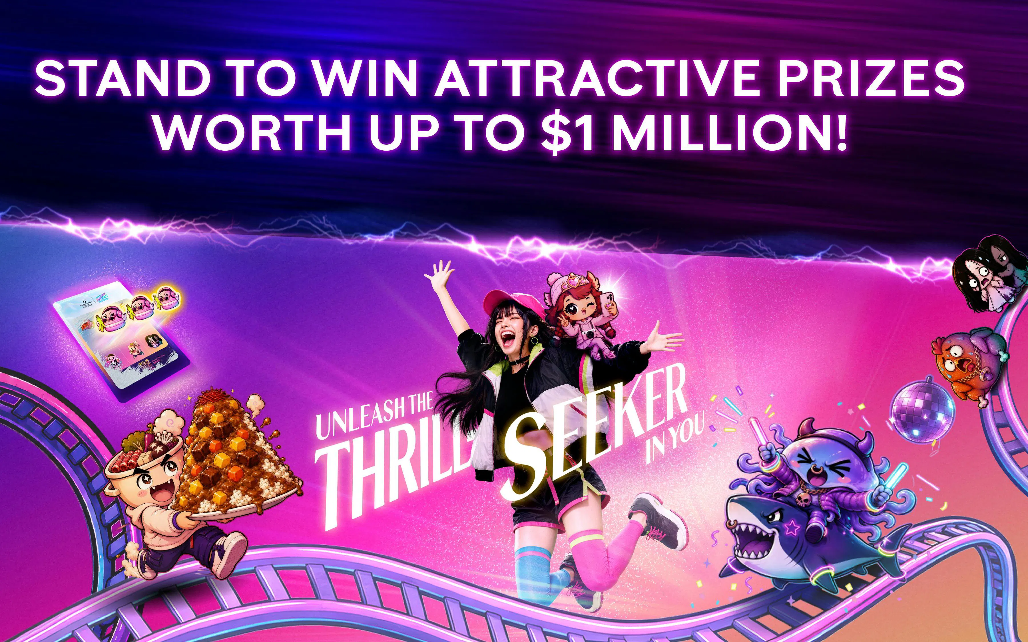 Thrill seeker jumping with animated characters and roller coaster, promoting prize contest.
