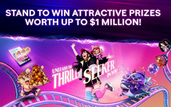 Thrill seeker jumping with animated characters and roller coaster, promoting prize contest.