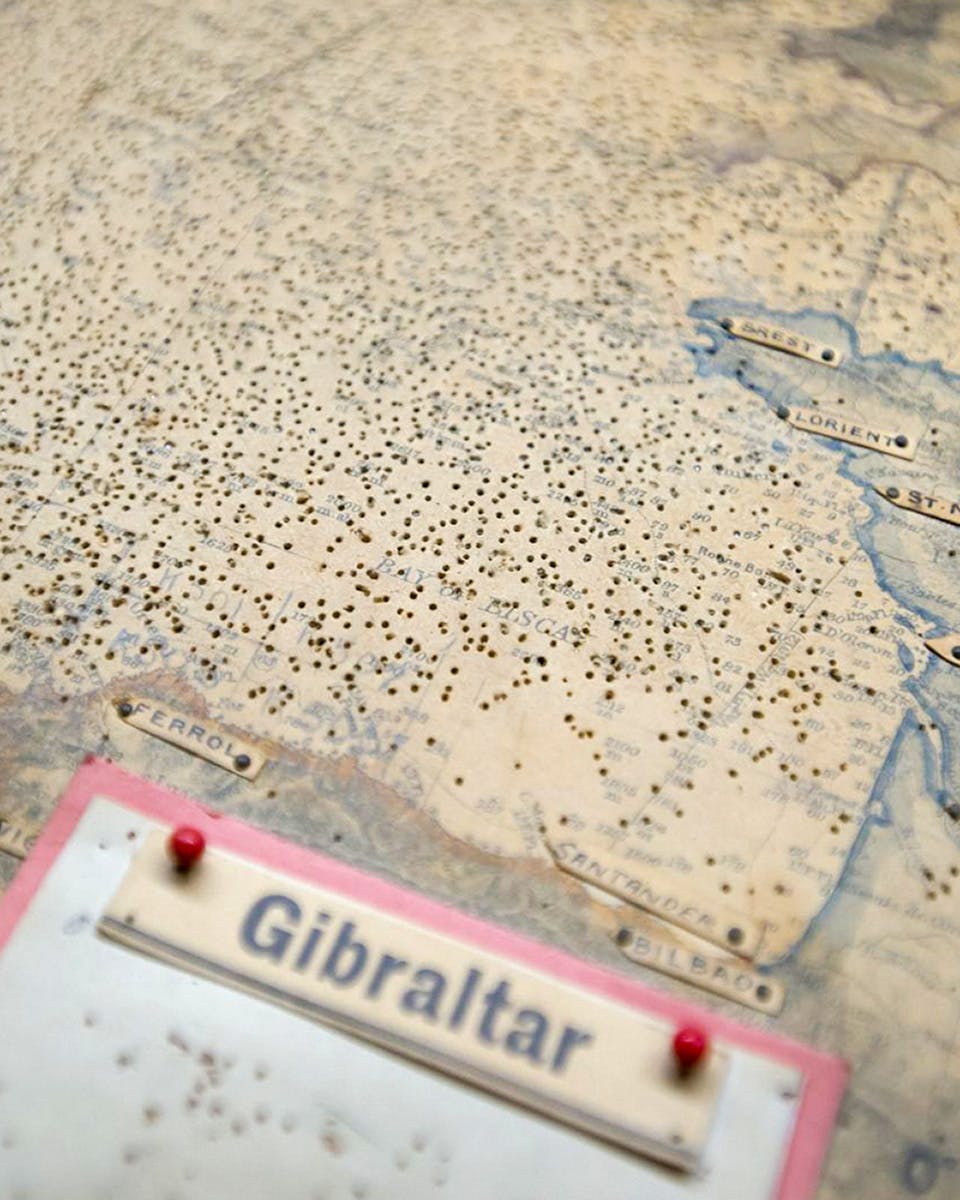 Map detail from Churchill War Rooms showing Gibraltar and French coast locations.