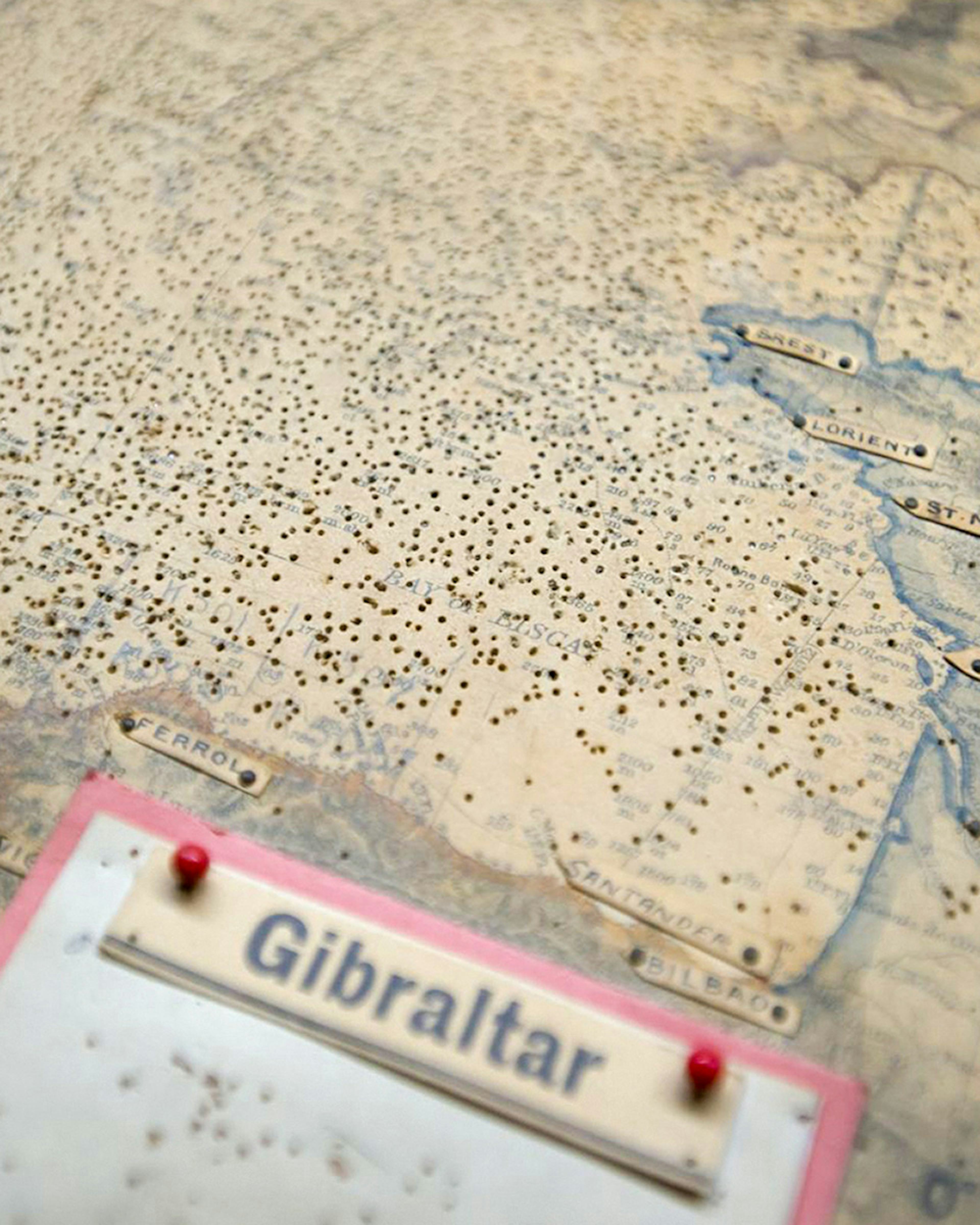 Map detail from Churchill War Rooms showing Gibraltar and French coast locations.