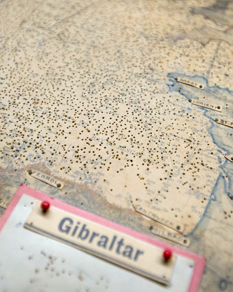 Map detail from Churchill War Rooms showing Gibraltar and French coast locations.