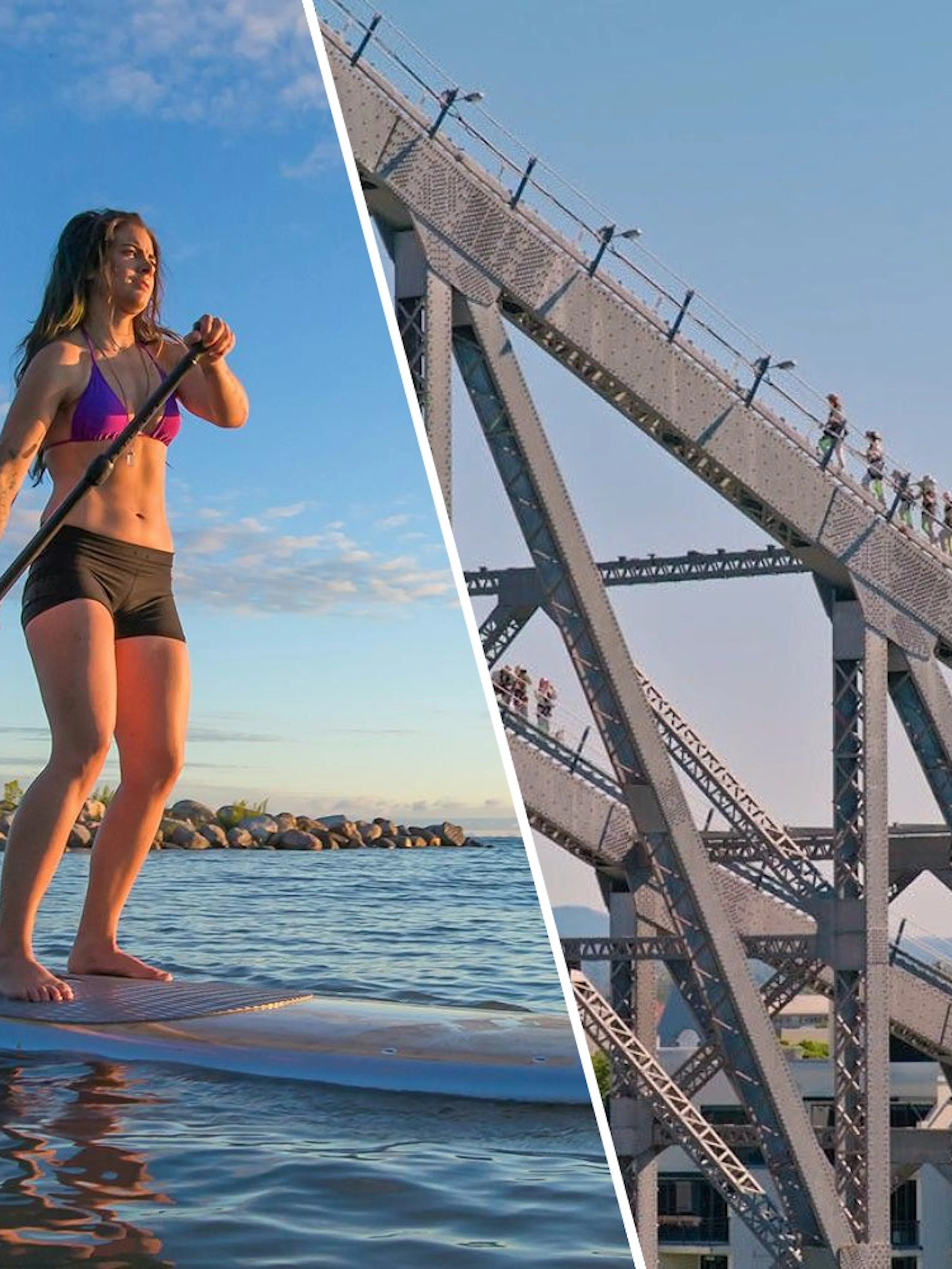 Female paddleboarding at Moreton Island; group climbing Story Bridge in Brisbane.