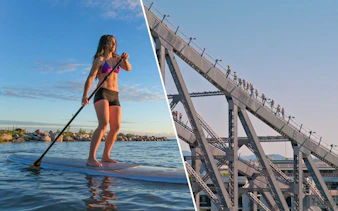 Female paddleboarding at Moreton Island; group climbing Story Bridge in Brisbane.