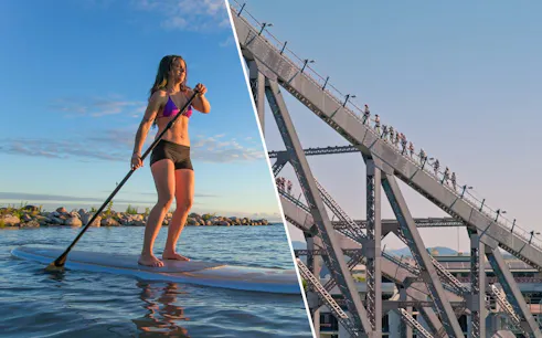 Female paddleboarding at Moreton Island; group climbing Story Bridge in Brisbane.