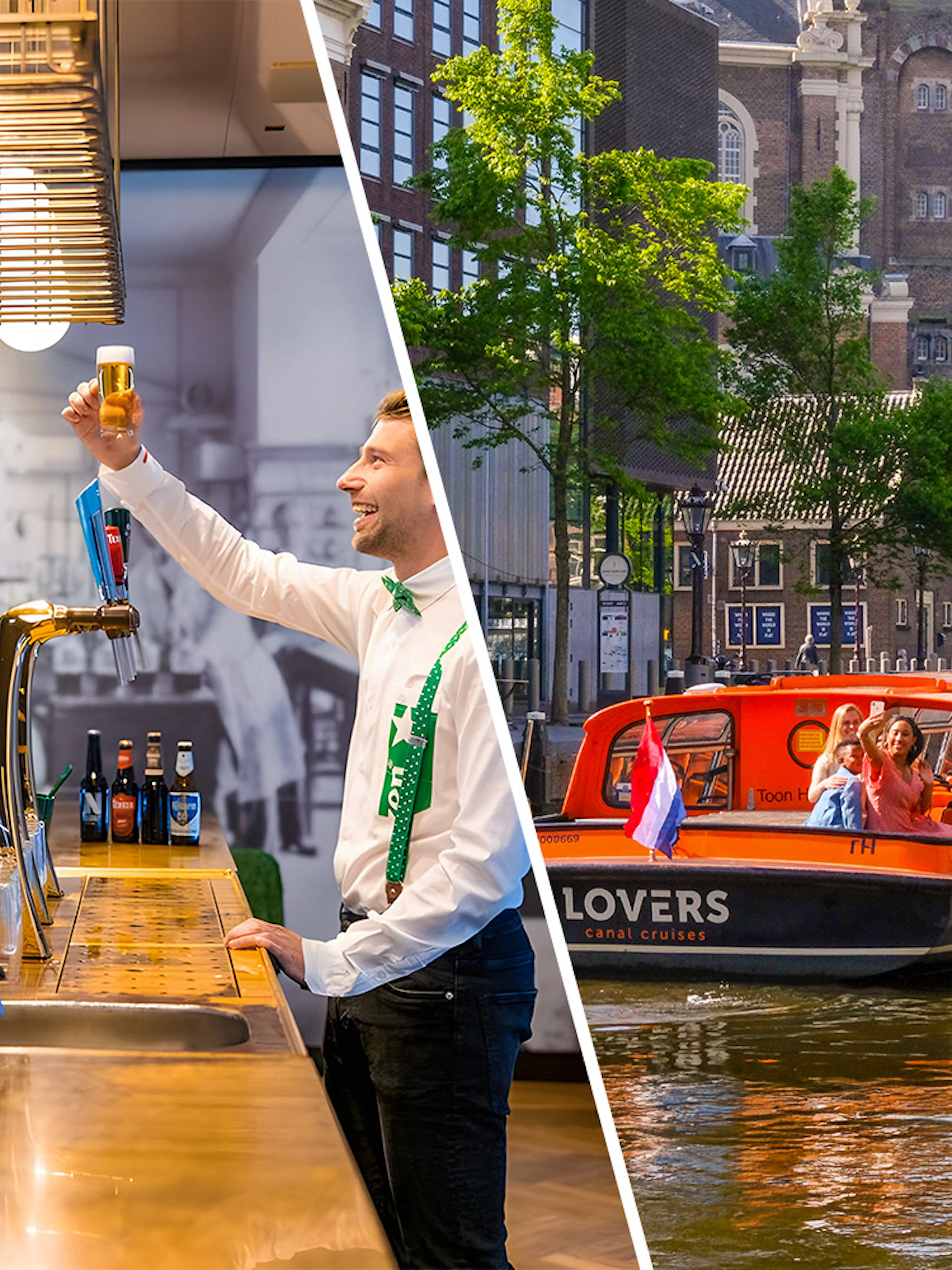 Heineken Experience bar with guests and LOVERS Canal Cruise boat in Amsterdam.