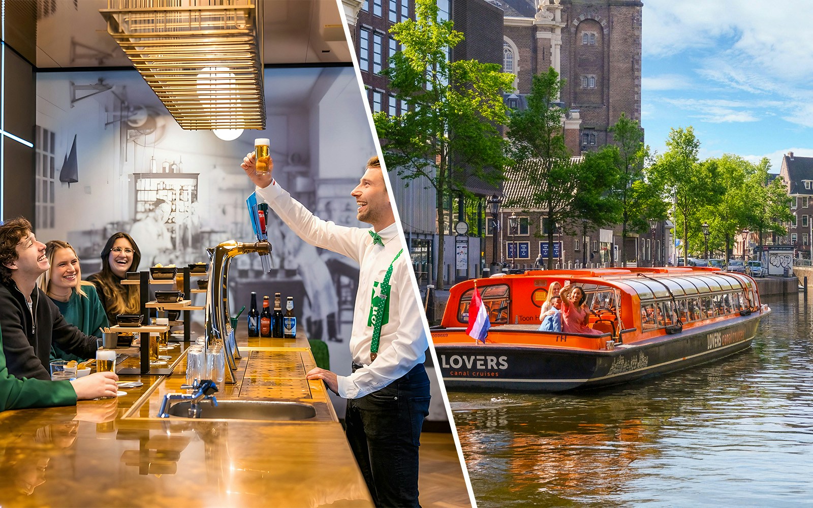 Heineken Experience bar with guests and LOVERS Canal Cruise boat in Amsterdam.
