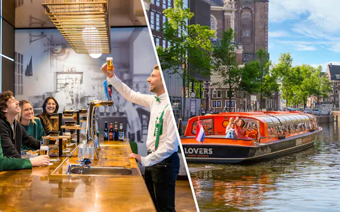 Heineken Experience bar with guests and LOVERS Canal Cruise boat in Amsterdam.