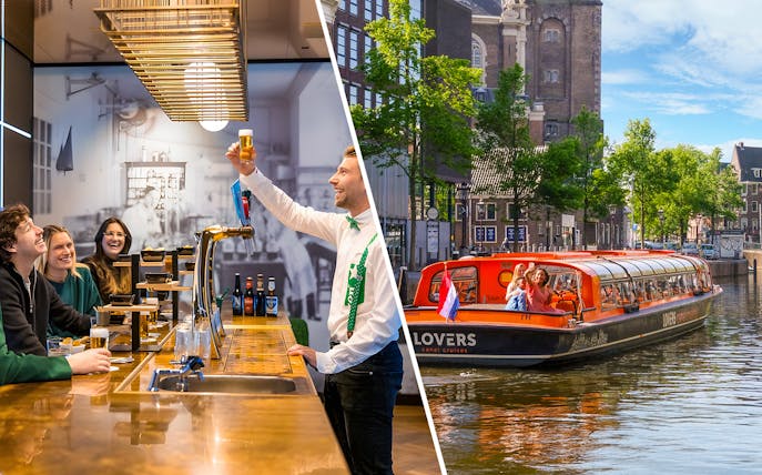 Heineken Experience bar with guests and LOVERS Canal Cruise boat in Amsterdam.