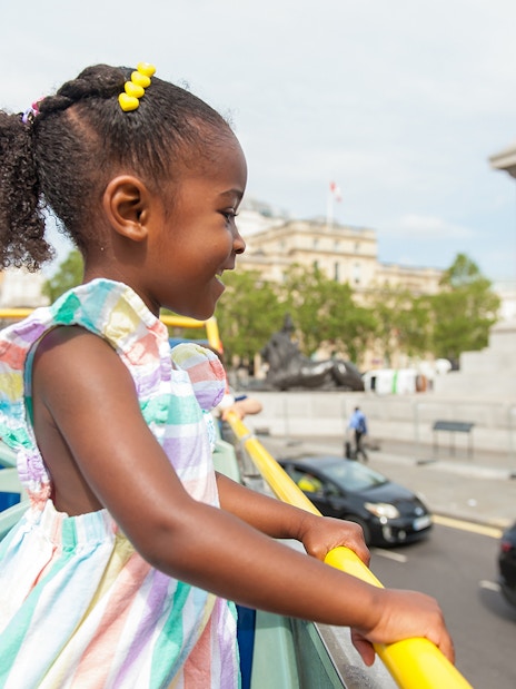 Children on a Tootbus tour in London, near Trafalgar Square.