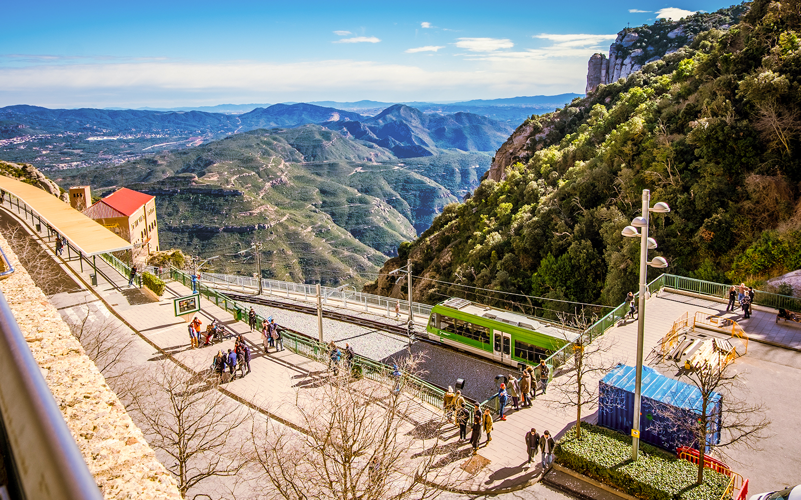 Cremallera train ascending Montserrat mountain towards the monastery in Barcelona, Catalonia.