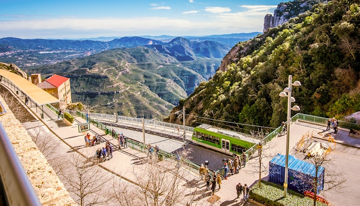 Cremallera train ascending Montserrat mountain towards the monastery in Barcelona, Catalonia.