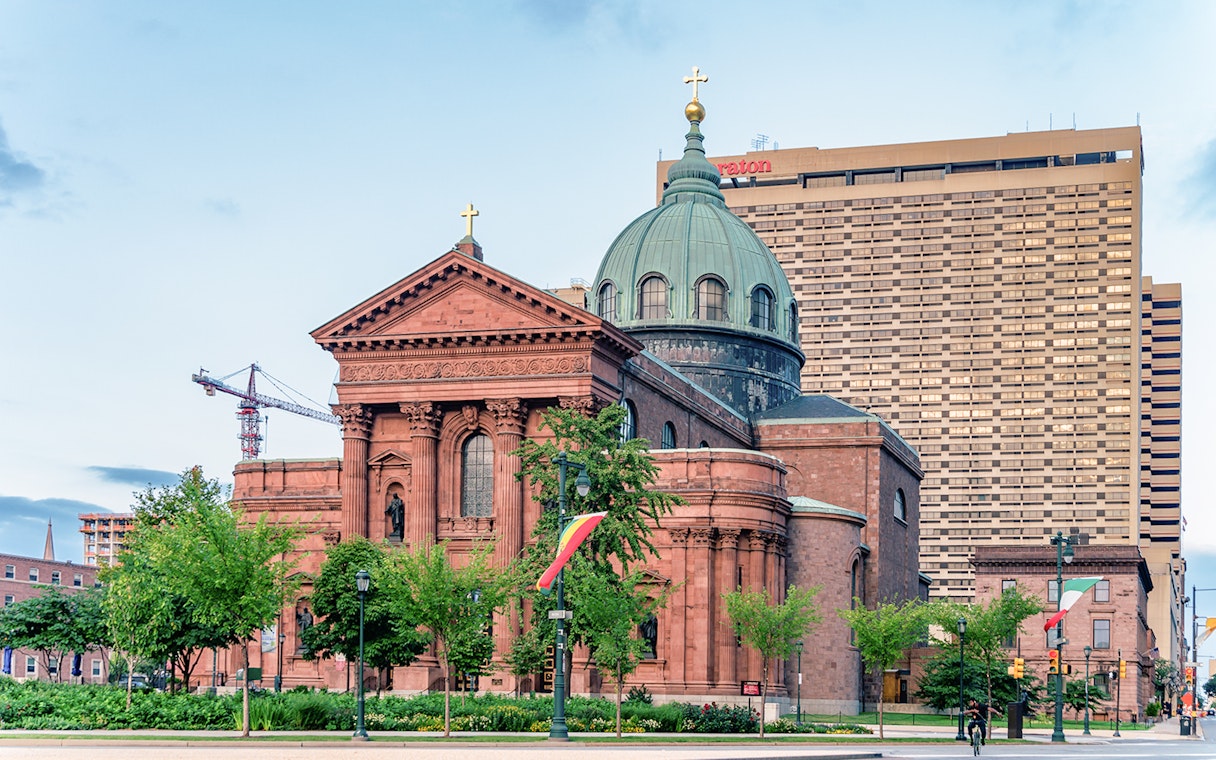 Cathedral Basilica of Saints Peter and Paul with green dome in Philadelphia.