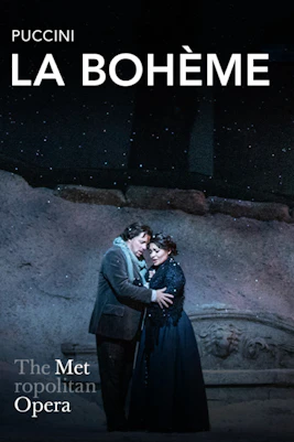 La Bohème performance at the Metropolitan Opera, featuring two singers in an emotional scene.