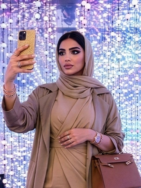 Woman taking a selfie at Dopamine Land, Dubai with colorful light display.