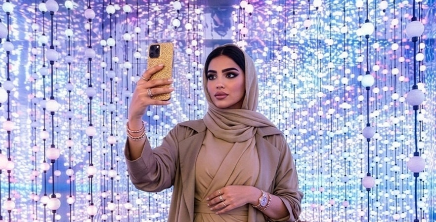 Woman taking a selfie at Dopamine Land, Dubai with colorful light display.