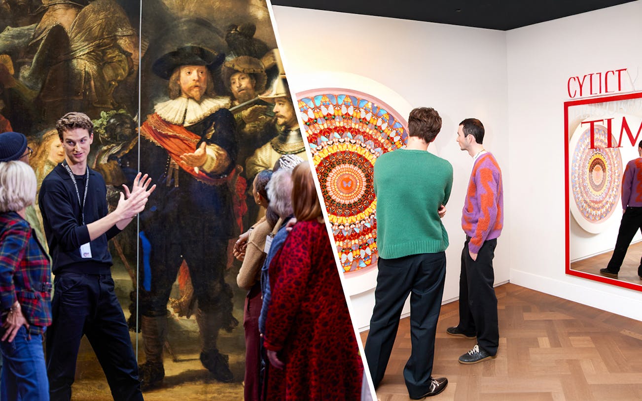 Rembrandt's "The Night Watch" painting displayed in Amsterdam's Rijksmuseum.
