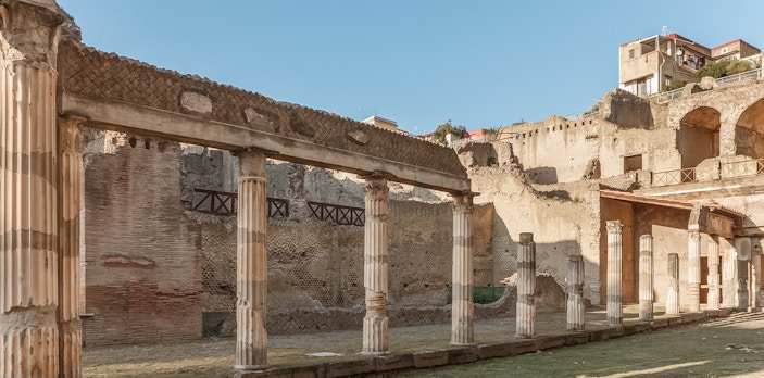 Ancient columns at Palestra in Herculaneum, Italy, with ruins in the background.