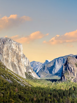 Yosemite Valley view with El Capitan and Half Dome in the background.