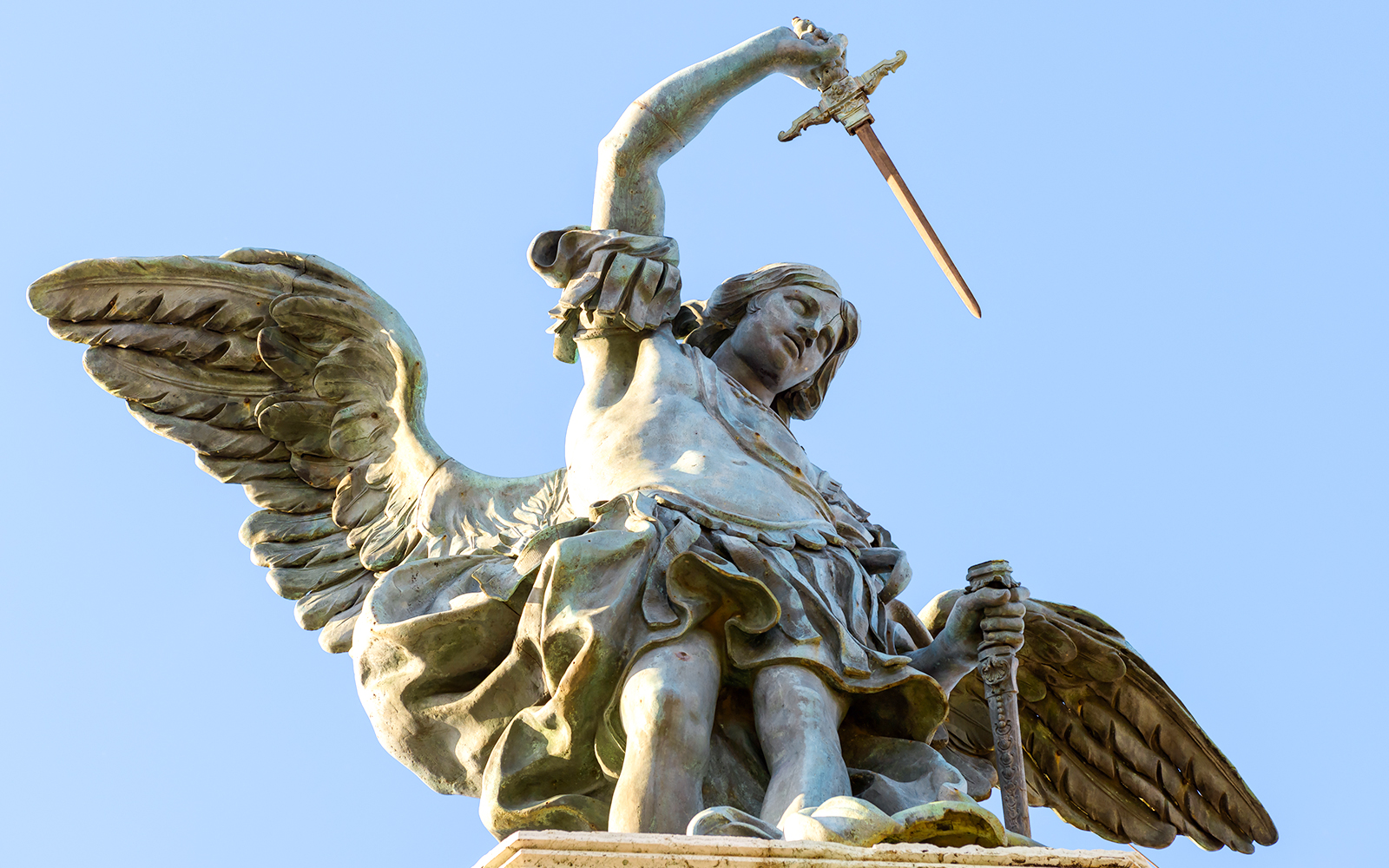 St Michael Archangel Statue at top of Castel Sant'Angelo, Rome, Italy