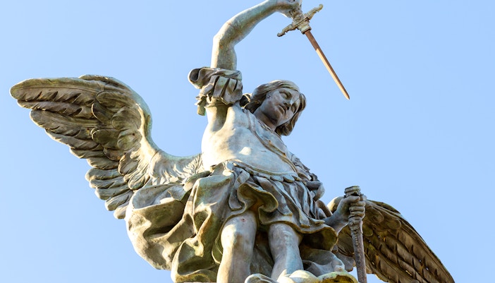 St Michael Archangel Statue at top of Castel Sant'Angelo, Rome, Italy