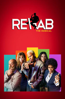 Cast members performing Rehab The Musical on stage with vibrant lighting and set design.