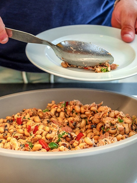 Traditional Portuguese bean salad being served on Fátima & Coimbra tour.
