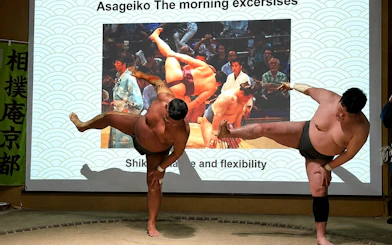 Sumo wrestlers demonstrating a pose during a Kyoto Sumo Show with Wrestler Challenge.