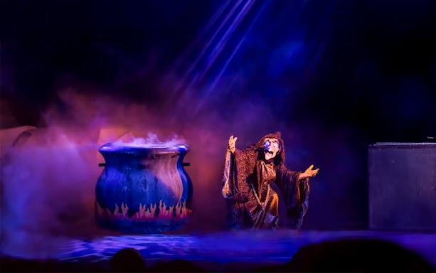 Disney villain performing near a cauldron at Mickey's Not-So-Scary Halloween Party, Orlando.